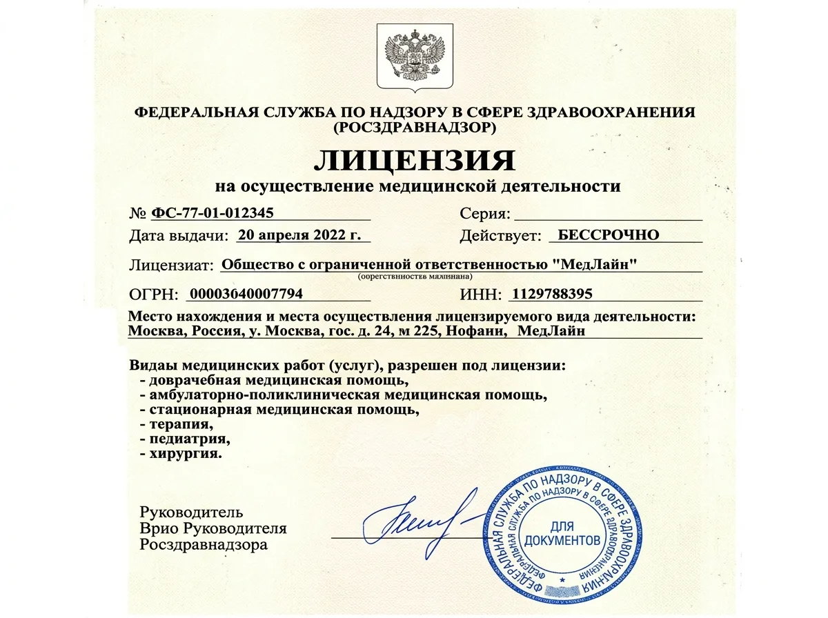 Скан лицензии на медицинскую деятельность Росздравнадзора — официальный бланк с печатями и подписями
